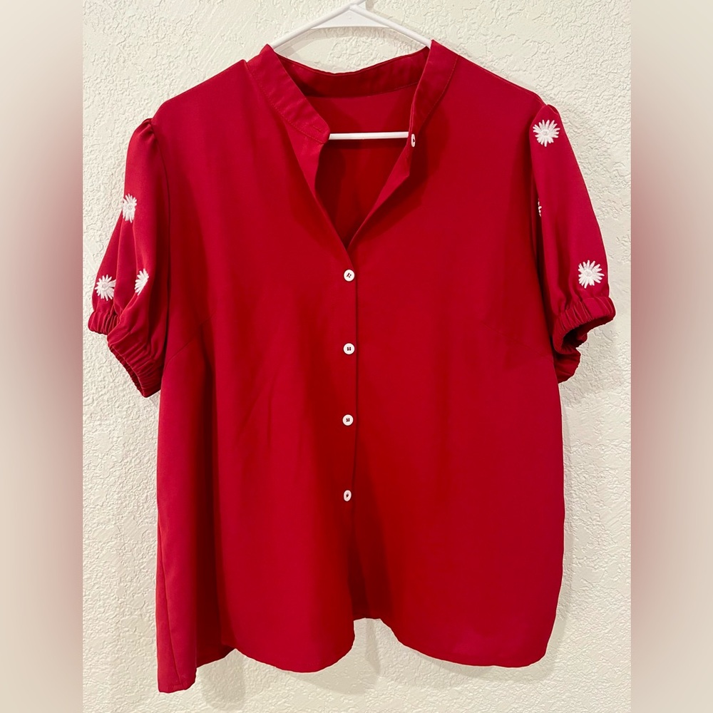 SHEIN Red Button-Up Blouse with Floral Accents